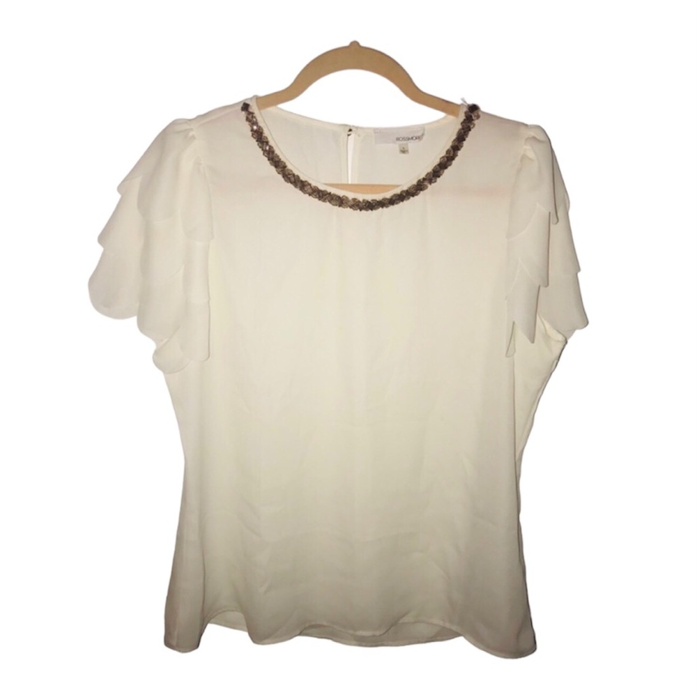Creme Rossmore Blouse with bejeweled neckline